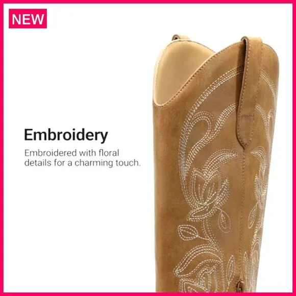 Women's Knee High Cowboy Boots Chunky Heel Square Toe Embroidered Western - Picture 6 of 8